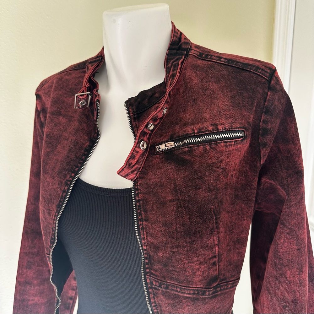 Fashion Nova Distressed Red Denim Jean Jacket